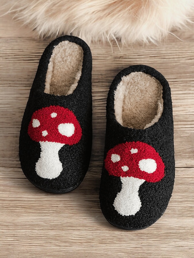  pantofole da interno nere comode da donna con ricamo a forma di fungo rosso - fodera in peluche, suola antiscivolo, perfette per il relax invernale in casa