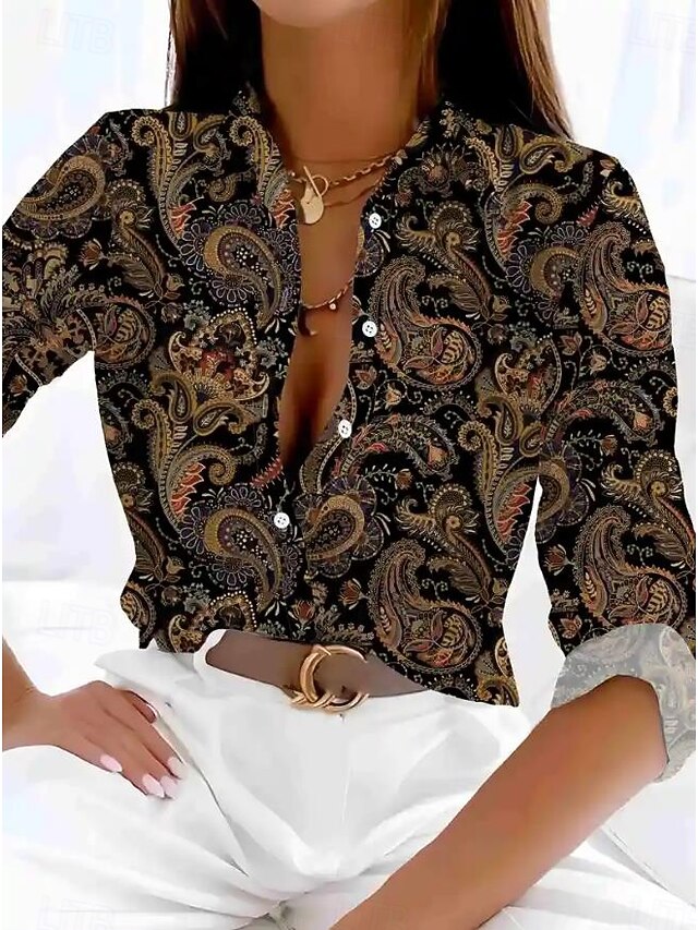 Women's Shirt Button Down Tunic Shirt Collar Long Sleeve Floral Graphic Casual Regular Tops Work Daily s Print Brown Spring Fall Winter4