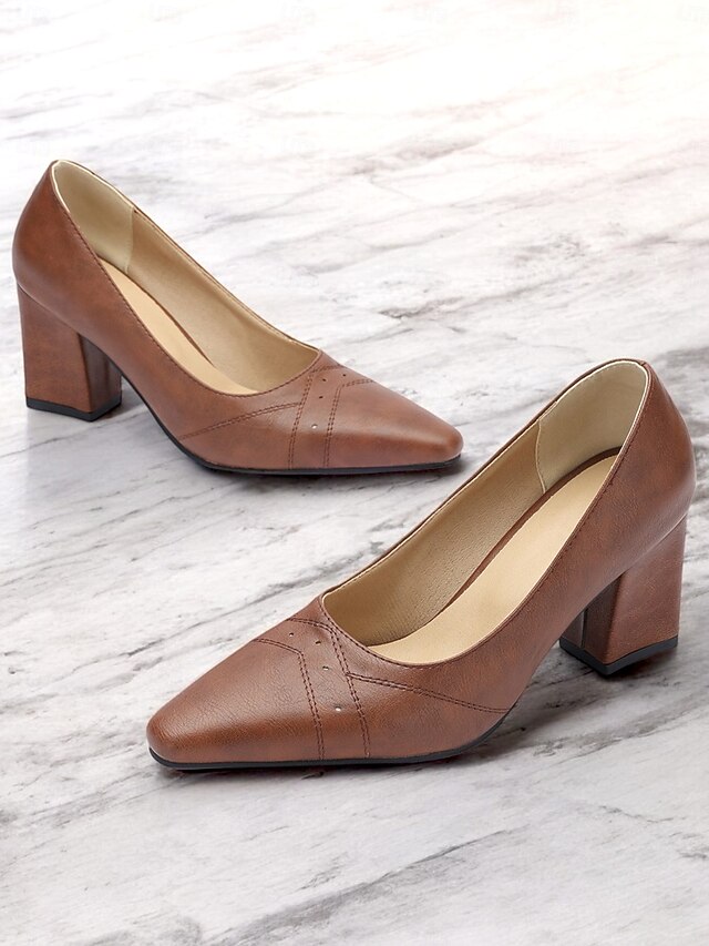 Women's Brown Block Heel Pumps – Retro Pointed-Toe Formal Shoes with Elegant Stitch Detailing for Office and Party Wear 12
