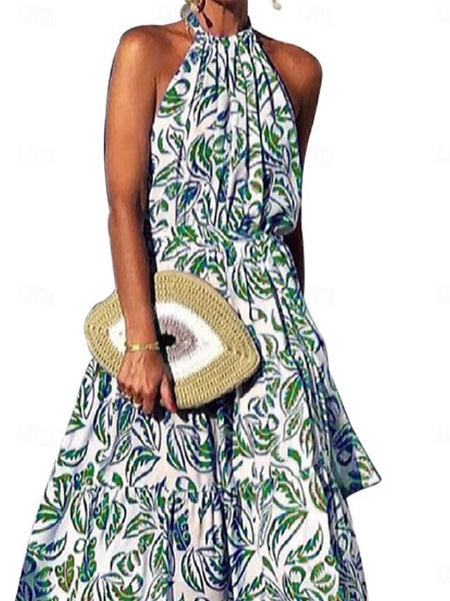  Mulheres Vestido Longo Vestido casual Vestido Swing Vestido A Line Casual Diário Normal Floral Manga Longa Halter pescoço Verde Verão Primavera Outono