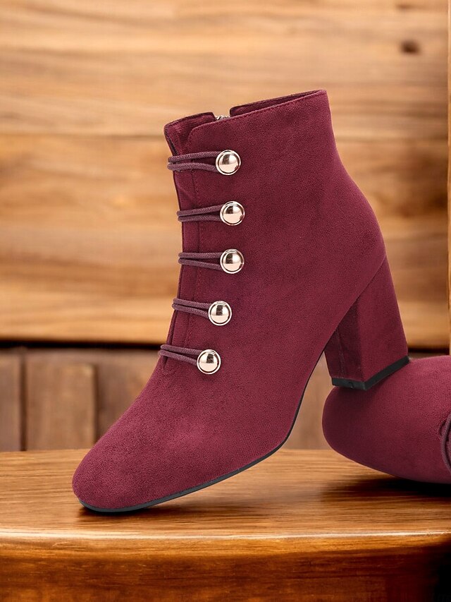 Women's Burgundy Ankle Boots – Suede Block Heel with Gold Button Embellishments, Lace-Up Design, Perfect for Autumn and Winter Outfits 15