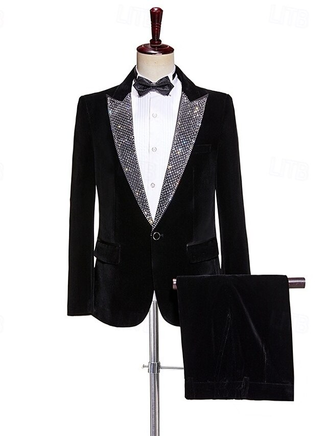  De los hombres Ropa de fiesta de noche Fiesta de baile Trajes Solapa de Muesca Negro Navidad Moda Retazos Estándar Juego de 2 piezas Recto 1 botón