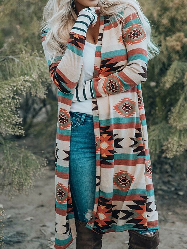 Women's Casual Jacket Outdoor Street Daily Wear Fall Long Coat Regular Fit Thermal Warm Breathable Stylish Casual Jacket Long Sleeve Geometric Print Pink Brown Rainbow 8