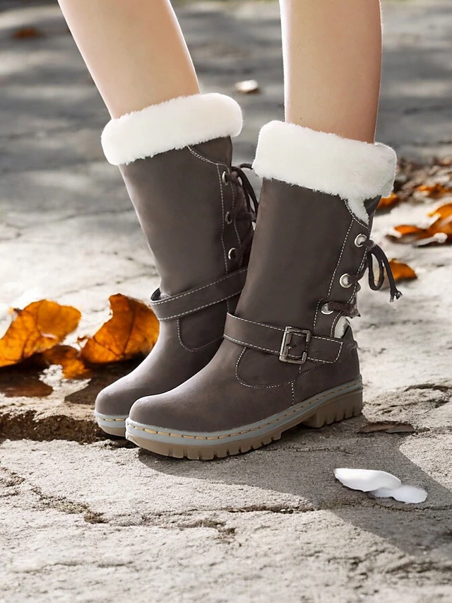 Women's Winter Snow Boots with Faux Fur Lining – Warm Waterproof Mid-Calf Boots with Buckle and Lace-Up Design 10