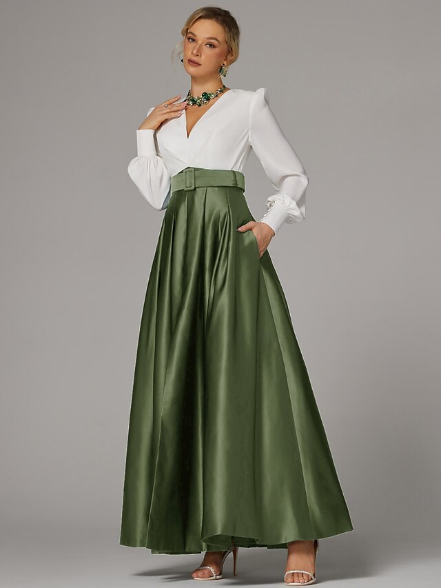  Rochie de seară A-line rochie formală pentru invitată la nuntă lungime până la podea mânecă lungă decolteu în V pentru nuntă de toamnă satin cu plisaje și fanta