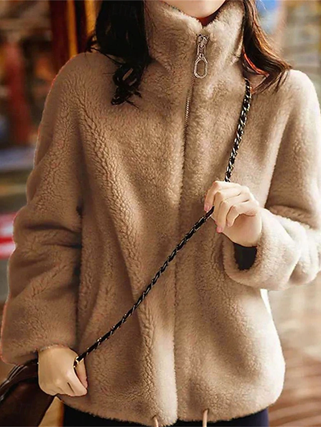 Women's Sweatshirt Casual Sherpa Plain Street Dailywear Turtleneck Zipper Pocket Long Sleeve White Light Green Khaki Fall Winter 12