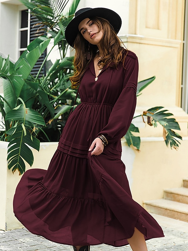  Damen Maxidress Casual kleid Boho-Kleid Feste Farbe Retro Romantisch Täglich Verabredung Urlaub Patchwork Mit Gürtel Langarm V Ausschnitt Kleid Regular Fit Wein Herbst Winter S M L XL XXL