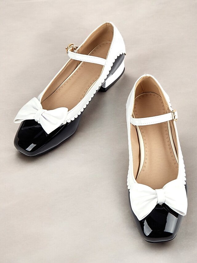 Women's Black and White Patent Mary Jane Shoes with Bow Detail – Scalloped Edges and Block Heel for Formal Occasions 19