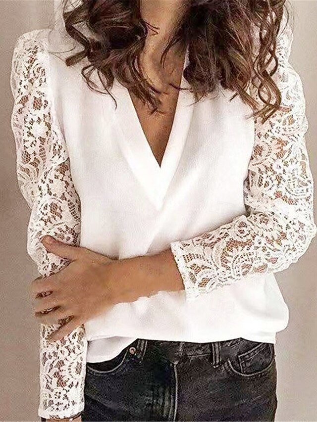 Women's White Elegant Lace Tops Eyelet Blouse Casual Solid Color Regular Tops Long Sleeve V Neck Lace Patchwork Regular Fit Daily Black White Pink Romantic Petite Tops Summer Holiday Wear4