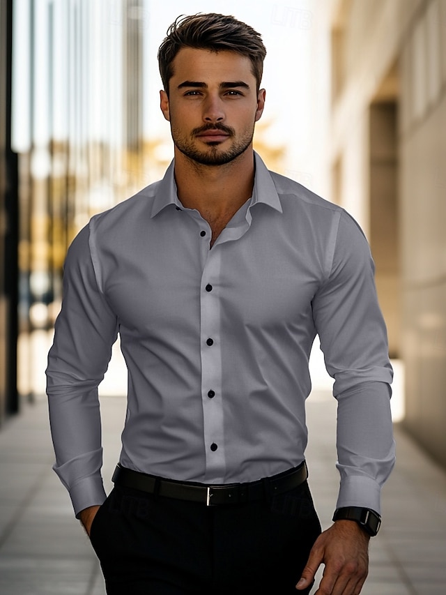  Chemise décontractée quotidienne pour hommes retour à la maison coupe standard manches longues col couleur unie polyester noir blanc gris 2025