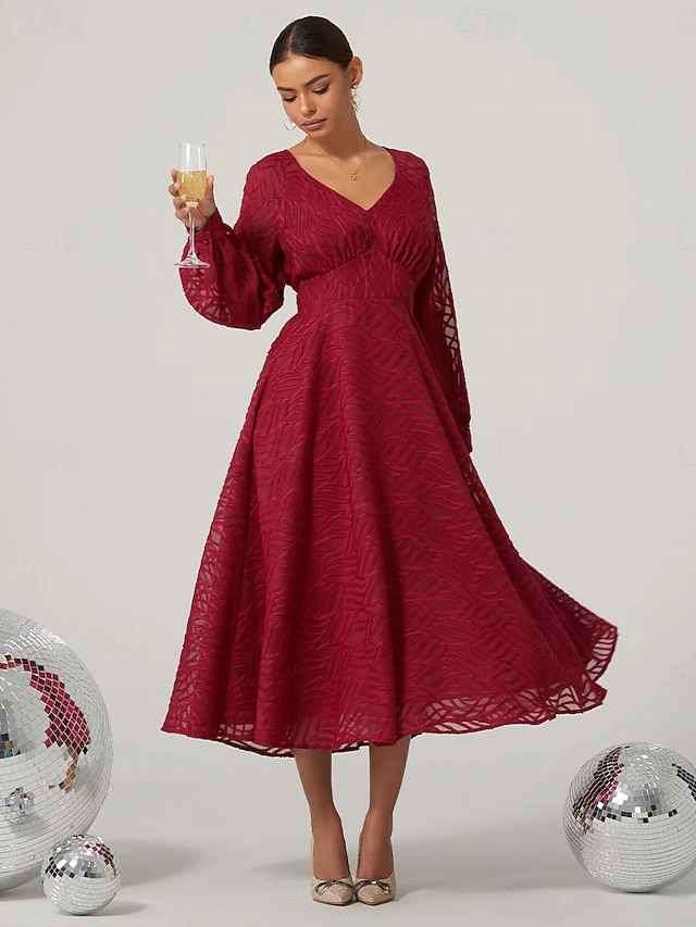 Women's Midi Dress Lace Dress Vintage Dress Elegant Vintage Formal Party Regular Fit Long Sleeve V Neck Wine Fall Winter 7