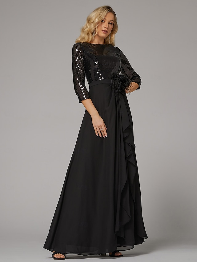  A-Linie Abendkleid elegantes Kleid formell asymmetrisch Langarm Stehkragen Chiffon mit Federn Perlen Pailletten 2025