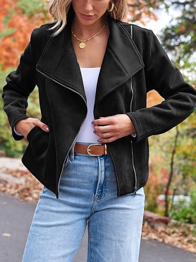 Women's Casual Jacket Warm Comfortable Zipper Casual Minimalism Solid Color Casual Daily Zipper Lapel Regular Fit Long Sleeve Outerwear Black Camel Brown Winter 15