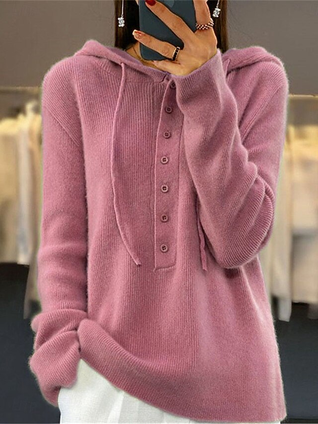 Hooded Pocket Button Solid Color Sweater