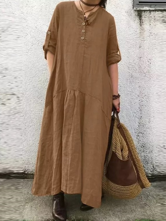 Femmes Vert militaire bleu marine Kaki Printemps Automne Robe maxi Robes inspirées du lin Élégant Mode Bureau Coupe Ample Col en V