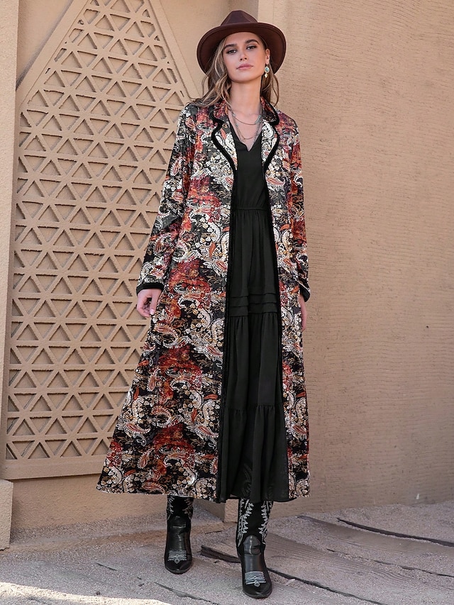  Women's Maxi Dress Boho Dress Graphic Geometric Vintage Casual Daily Date Vacation Loose Long Sleeve Shirt Collar Dress Regular Fit Black Fall Winter S M L XL
