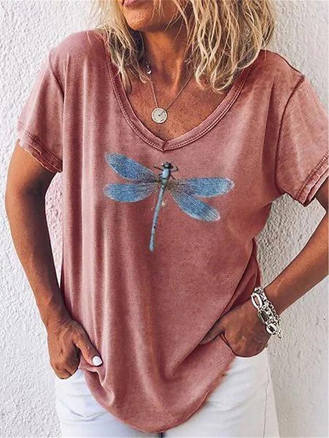 Women's T Shirt Dragonfly Fashion Modern Casual Short Sleeve V Neck Regular Tops Daily Weekend Print Red Blue Gray Summer4