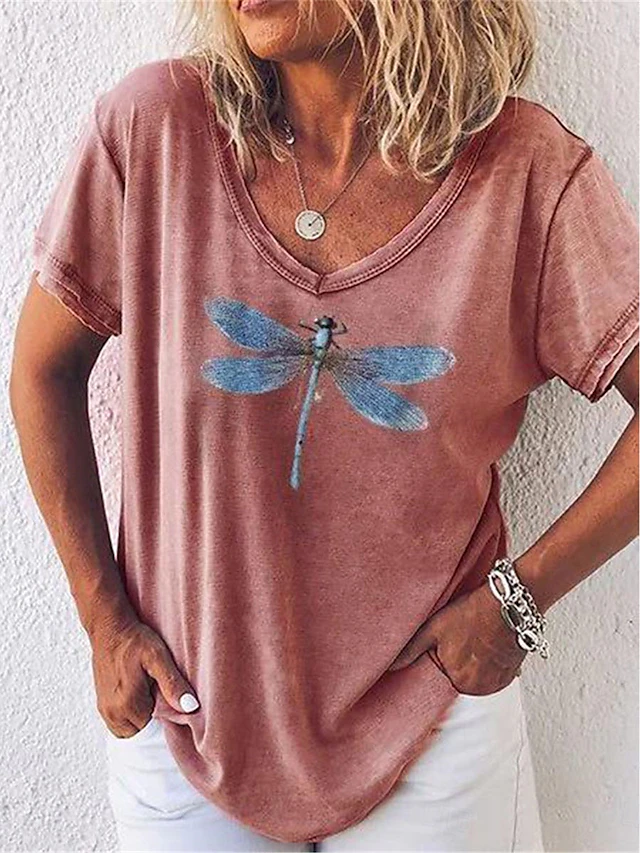 Women's T Shirt Dragonfly Fashion Modern Casual Short Sleeve V Neck Regular Tops Daily Weekend Print Red Blue Gray Summer4