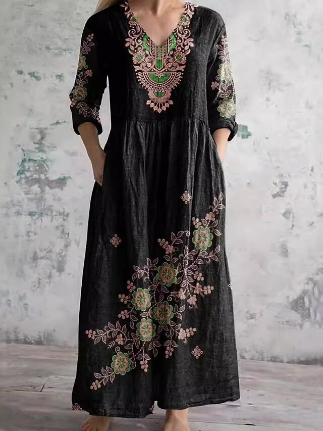 Women's Maxi Dress Casual Dress Swing Dress Boho Dress Casual Daily Regular Fit Floral Long Sleeve V Neck Black Blue Khaki Summer Spring Fall4