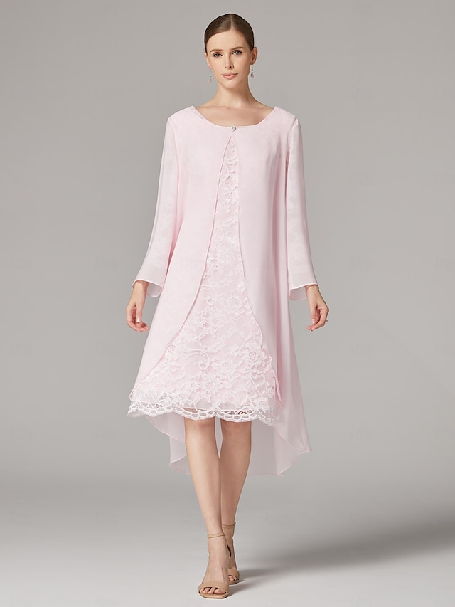  Two Piece A-Line Dress Beach Wedding Suit Mother of the Bride Dress Elegant Plus Size Jewel Neck Tea Length Chiffon Lace Short Sleeve Jacket Dresses with Solid Color
