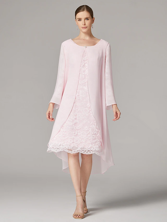 Two Piece A-Line Dress Beach Wedding Suit Mother of the Bride Dress Elegant Plus Size Jewel Neck Tea Length Chiffon Lace Short Sleeve Jacket Dresses with Solid Color 15