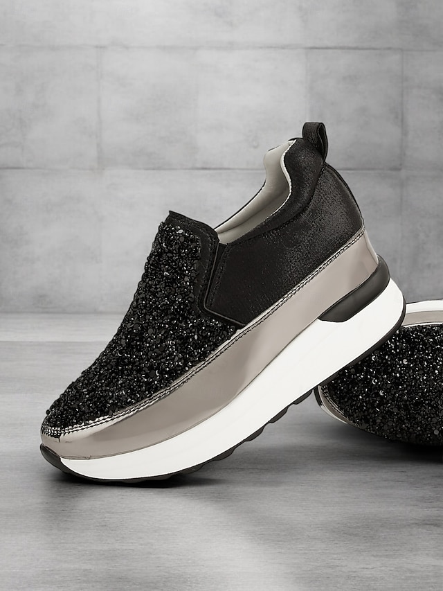  svarte slip-on joggesko for kvinner med glitterpynt og plattformsåle – stilige fritidssko for hverdagsbruk