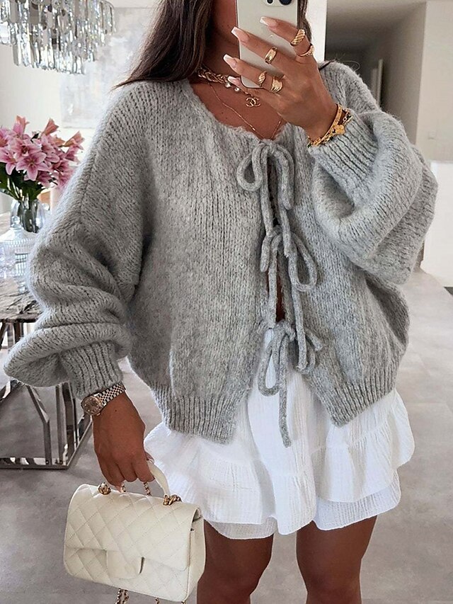  Per donna Felpa Cardigan Informale Morbido Colore puro A coste Girocollo Lavorato a maglia Manica lunga Top regolari Maglia Esterno Giornaliero Fine settimana Rosa Beige Autunno Inverno