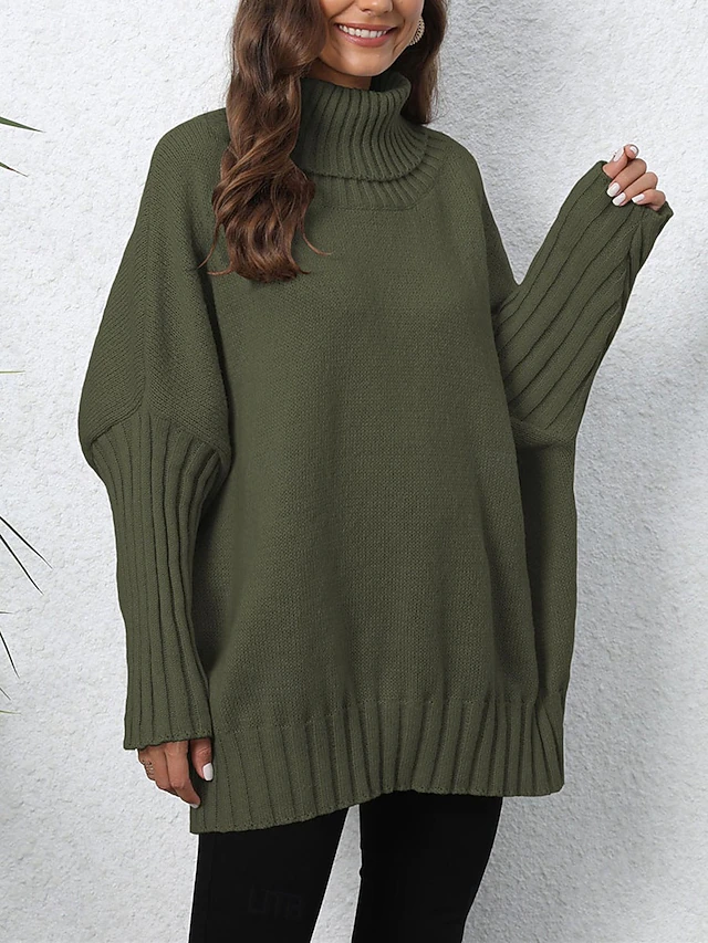 Women's Sweater Casual Soft Pure Color Ribbed Turtleneck Knitted Long Sleeve Regular Tops Knit Outdoor Daily Weekend Navy Blue Green Fall Winter 13