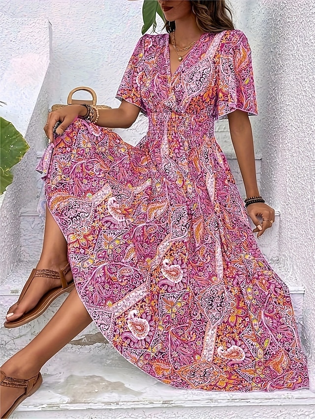  Femmes Robe maxi Robe Décontractée Robe évasée Robe trapèze Robe bohème Occasionnel Quotidien Coupe régulière Fleuri Paisley Manche Courte Col en V Bleu Fuchsia Été Printemps Automne