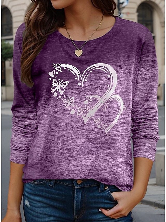  Valentine Dame Hjerte T Skjorte Casual Vanlige topper Lang erme Crew Neck Print Vanlig passform Daglig Lilla Vår Høst