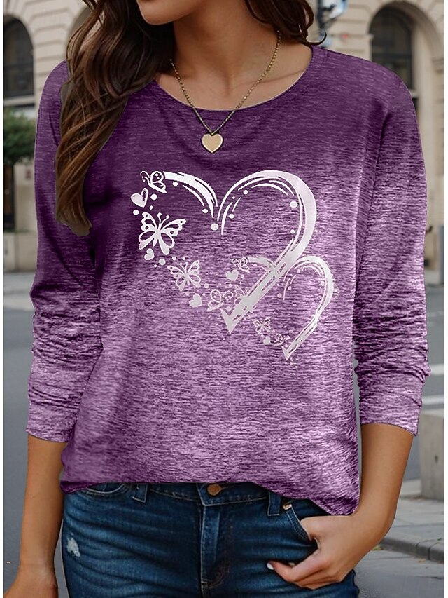 Valentine Women's Heart T Shirt Casual Regular Tops  Print Regular Fit Daily Purple Spring Fall4