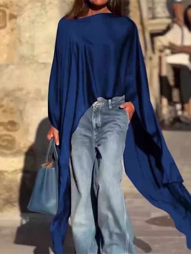 Women's Shirt Elegant Dressy Satin Solid Color Basic Casual Long Sleeve Asymmetrical Strap Long Tops Daily Going out Asymmetric Hem White Wine Blue Fall Winter4