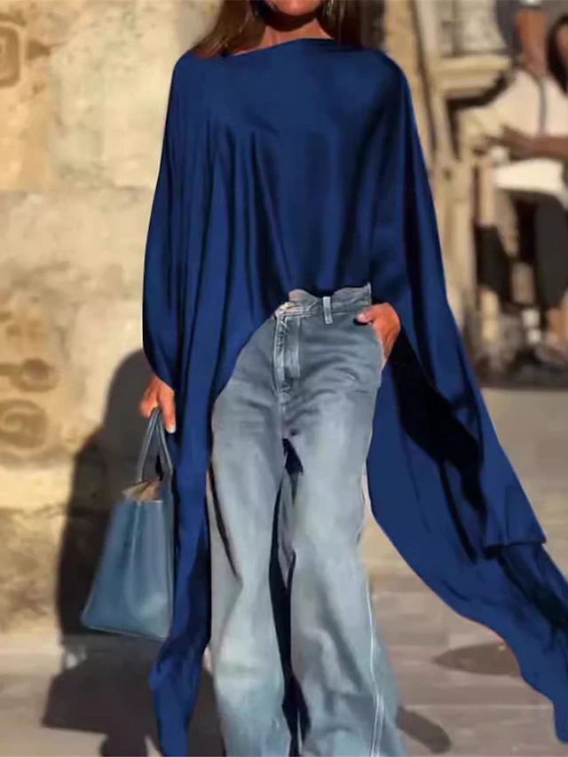Women's Shirt Elegant Dressy Satin Solid Color Basic Casual Long Sleeve Asymmetrical Strap Long Tops Daily Going out Asymmetric Hem White Wine Blue Fall Winter4