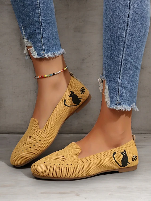 Women's Casual Knit Loafers with Black Cat Design – Breathable Slip-On Flats for Everyday Comfort 15