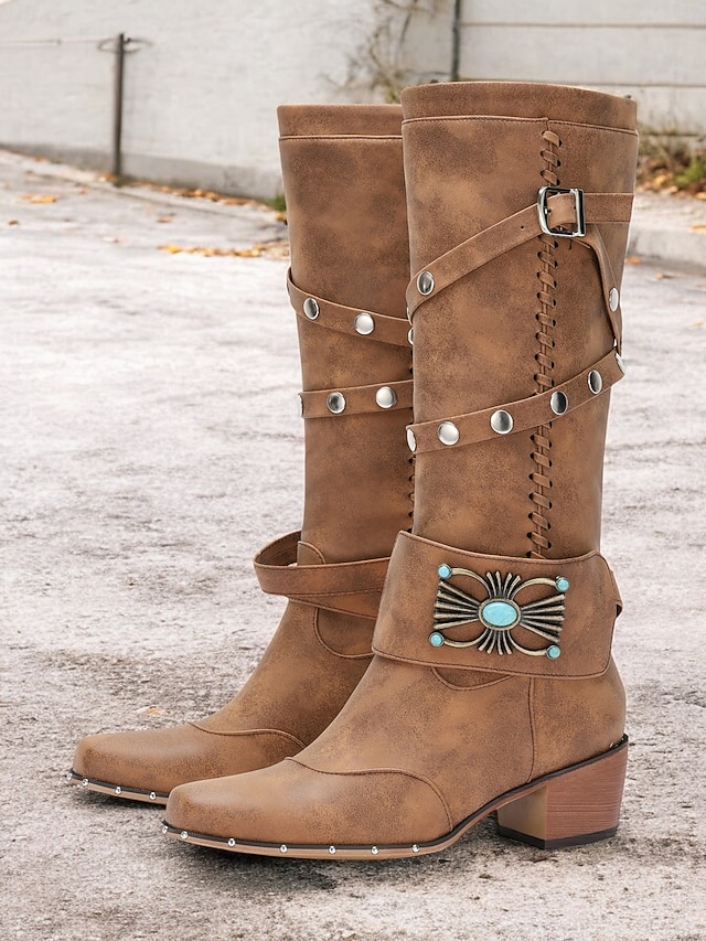 Women's Western Cowgirl Boots – Vintage Knee-High Studded Boots with Turquoise Buckle and Lace-Up Detail, Perfect for Rodeo and Country Style 9