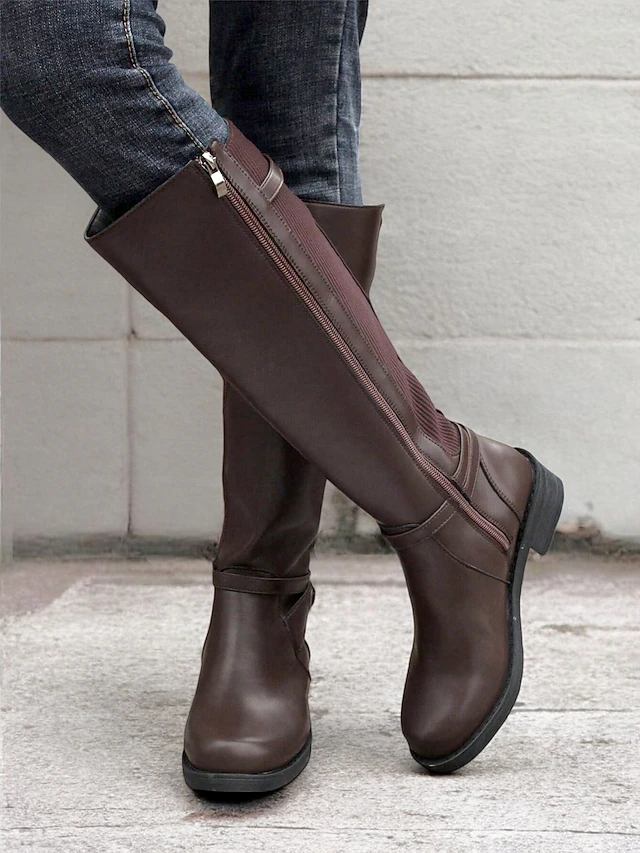 Women's Brown Knee-High Riding Boots with Buckle Detail and Side Zipper – Stylish Equestrian-Inspired Footwear 14