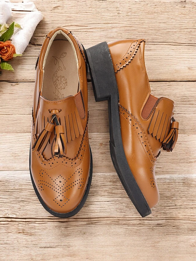Women's Brown Loafers with Brogue Detailing, Fringe, and Tassel Accents – Classic Vintage-Inspired Footwear for Casual and Office Wear 11