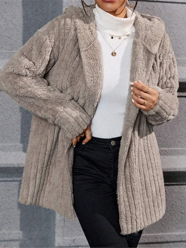 Women's Fleece Jacket Teddy Coat Hoodie Jacket Warm Breathable Fleece Lined Casual Plain Vacation Street Daily Wear Going out Open Front Regular Hoodie Regular Fit Long Sleeve Outerwear Blue Khaki 8