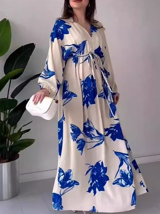  Damen Blumen V-Ausschnitt Maxikleid Langarm Sommer Frühling