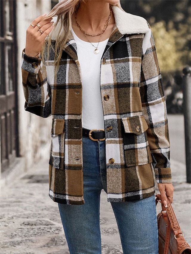 Women's Winter Coat Outdoor Street Daily Wear Fall Winter Regular Coat Regular Fit Thermal Warm Breathable Stylish Casual Jacket Long Sleeve Stripes and Plaid with Pockets Fur Collar Khaki 7