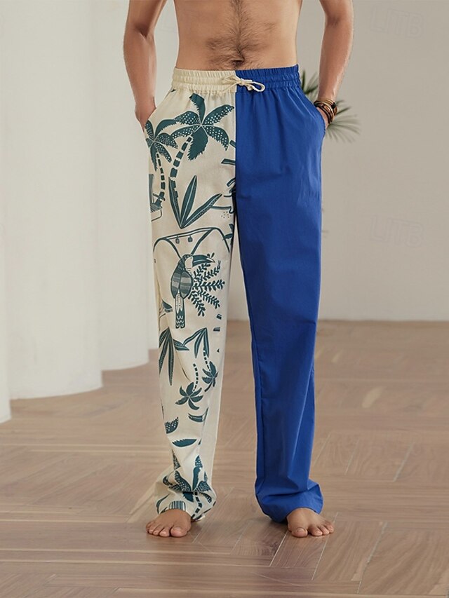  Men's Coconut Tree Graphic Prints Linen Pants Trousers Summer Pants Mid Waist Streetwear Hawaiian Designer Casual Daily Holiday Drawstring Elastic Waist 3D Print Spring & Summer 3D Print Blue Khaki