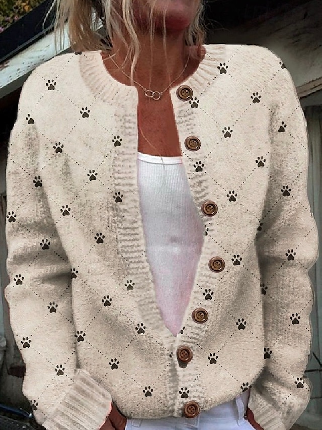 Women's Cardigan Sweater Knitted Ribbed Button Front Round Neck Long Sleeve Lightweight female Daily Graphic Crew Neck Print Regular Tops Knit Weekend Beige Fall Winter 5
