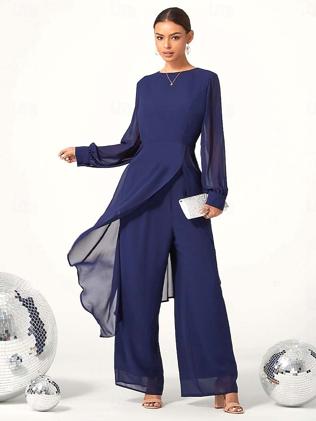  női esküvői vendég jumpsuit elegáns sötétkék hosszú áttetsző ujjú széles láb elegáns esti parti viselet kerek nyakkivágás tavasz nyár ősz