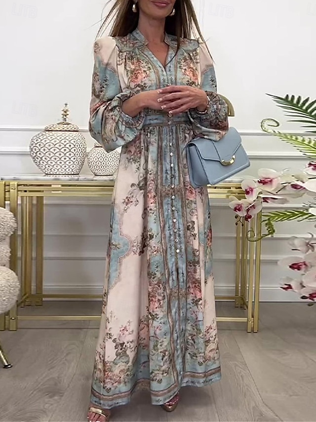  kvinners floral splitt hals maxi kjole langermet sommer våren