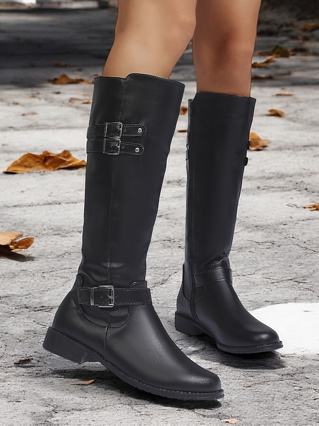  Women's Black Knee-High Riding Boots with Buckle Straps and Low Heel – Classic Equestrian Style Boots for Everyday and Outdoor Wear