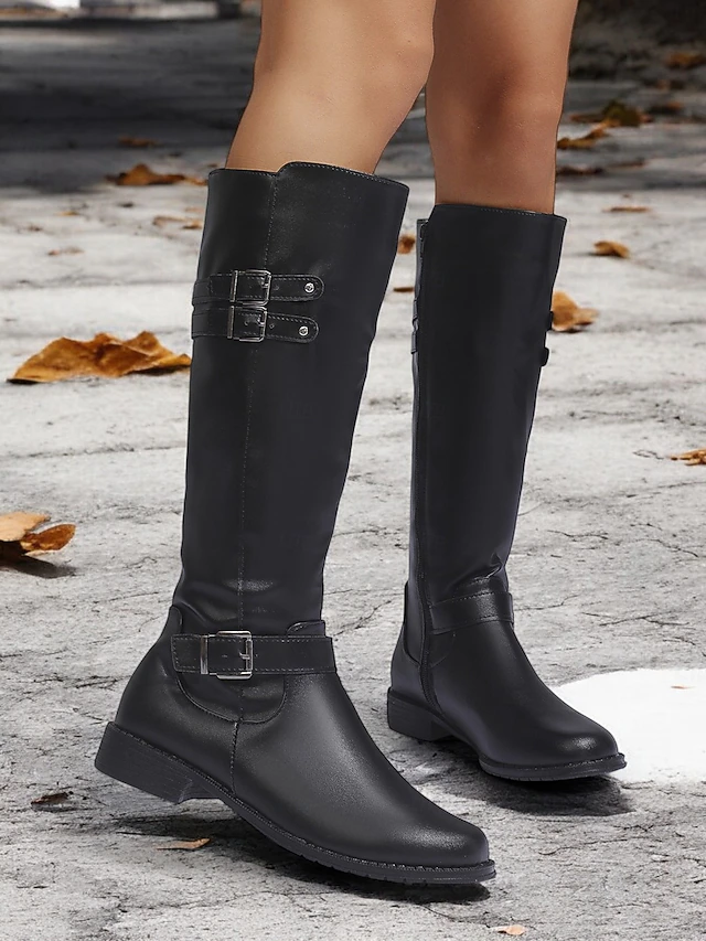 Women's Black Knee-High Riding Boots with Buckle Straps and Low Heel – Classic Equestrian Style Boots for Everyday and Outdoor Wear 12