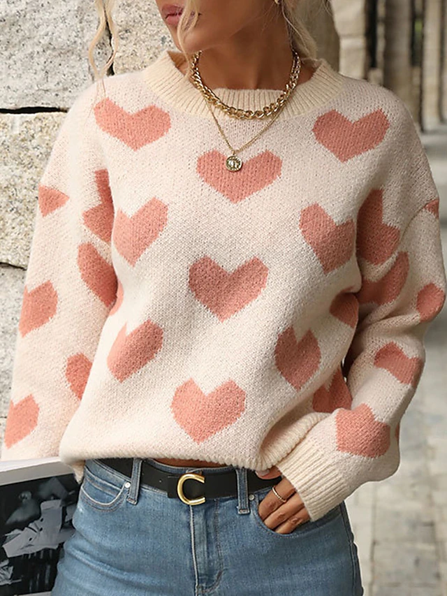 Women's Valentine Sweater Casual Soft Heart Ribbed Crew Neck Knitted Long Sleeve Regular Tops Knit Outdoor Daily Weekend Pink Fall Winter 8
