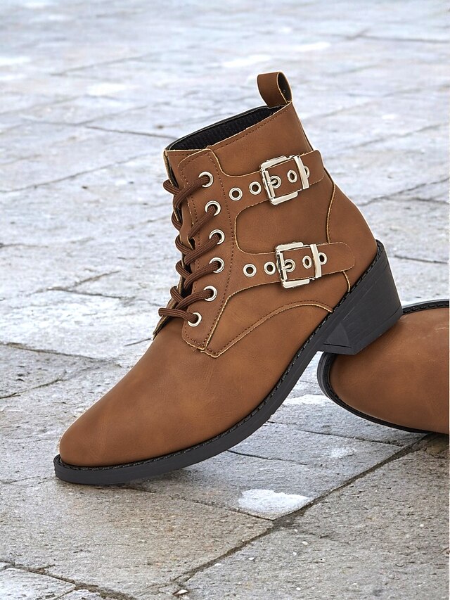 Women's Brown Lace-Up Ankle Boots – Stylish Combat Boots with Double Buckle Straps and Low Block Heel for Everyday Casual and Outdoor Wear 15