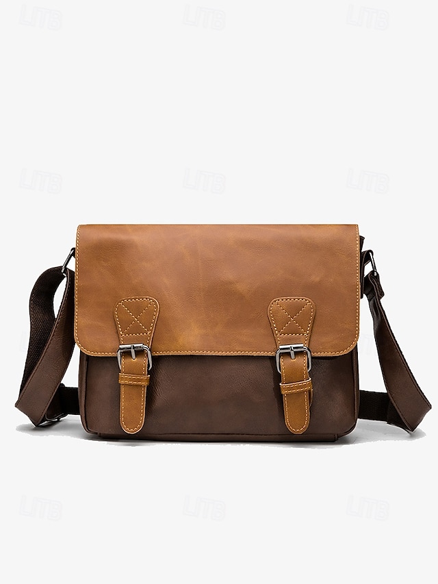  Bolso de mensajero vintage de piel sintética para hombre con correa ajustable: diseño duradero de dos tonos para uso laboral y casual