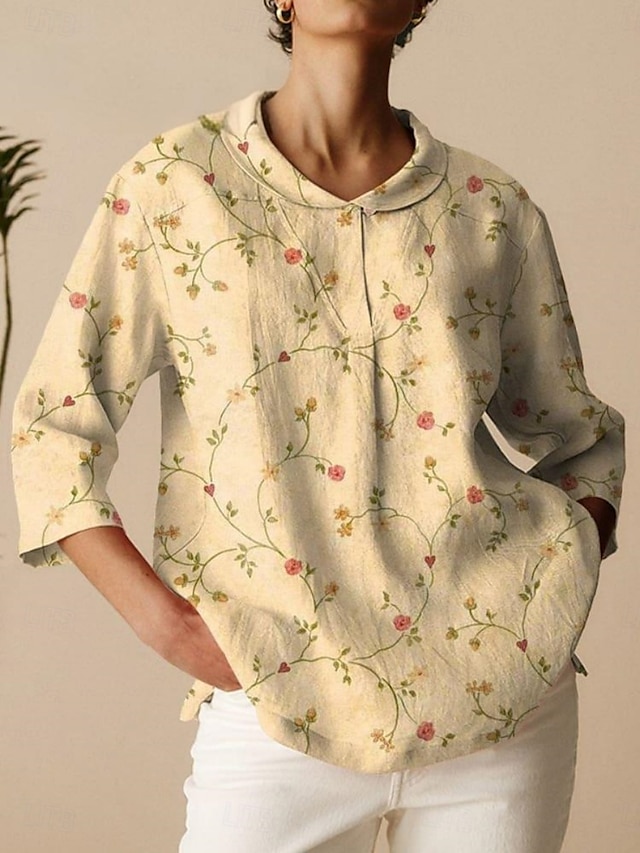  Per donna Camicia Blusa Floreale Essenziale Informale Manica a 3/4 Colletto Top regolari Giornaliero Bottoni Stampa Bianco Verde Cachi Autunno Inverno